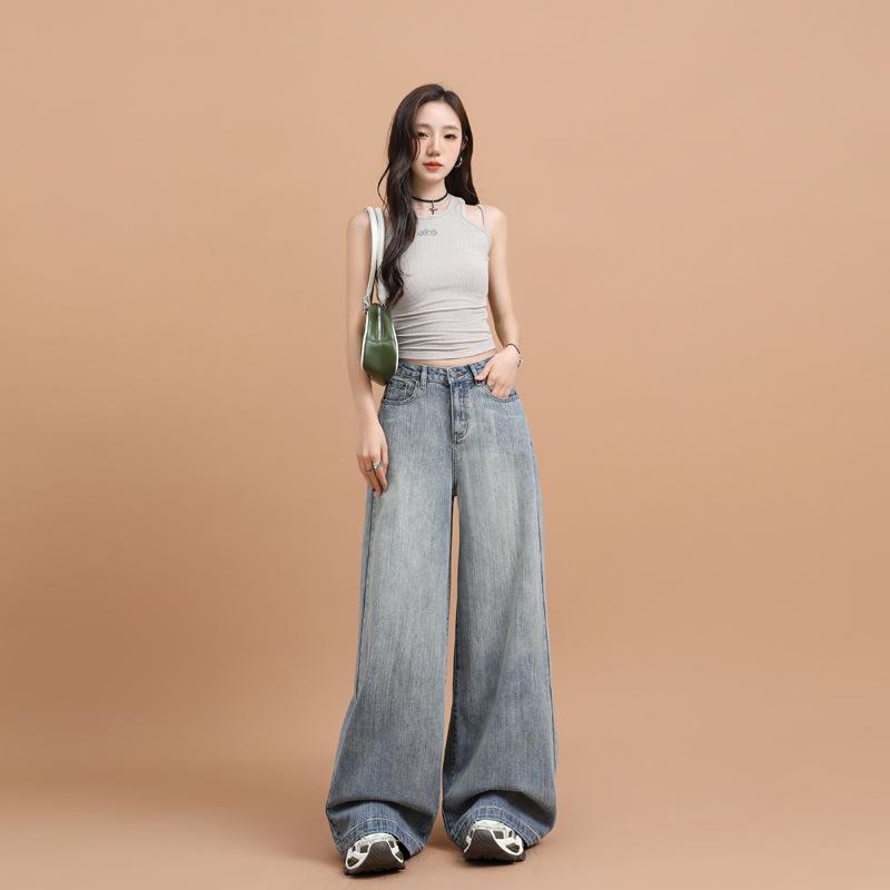 Slub Pattern Loose Wide-leg Jeans Women's Spring New Design Sense Retro American Straight Mopping Pants