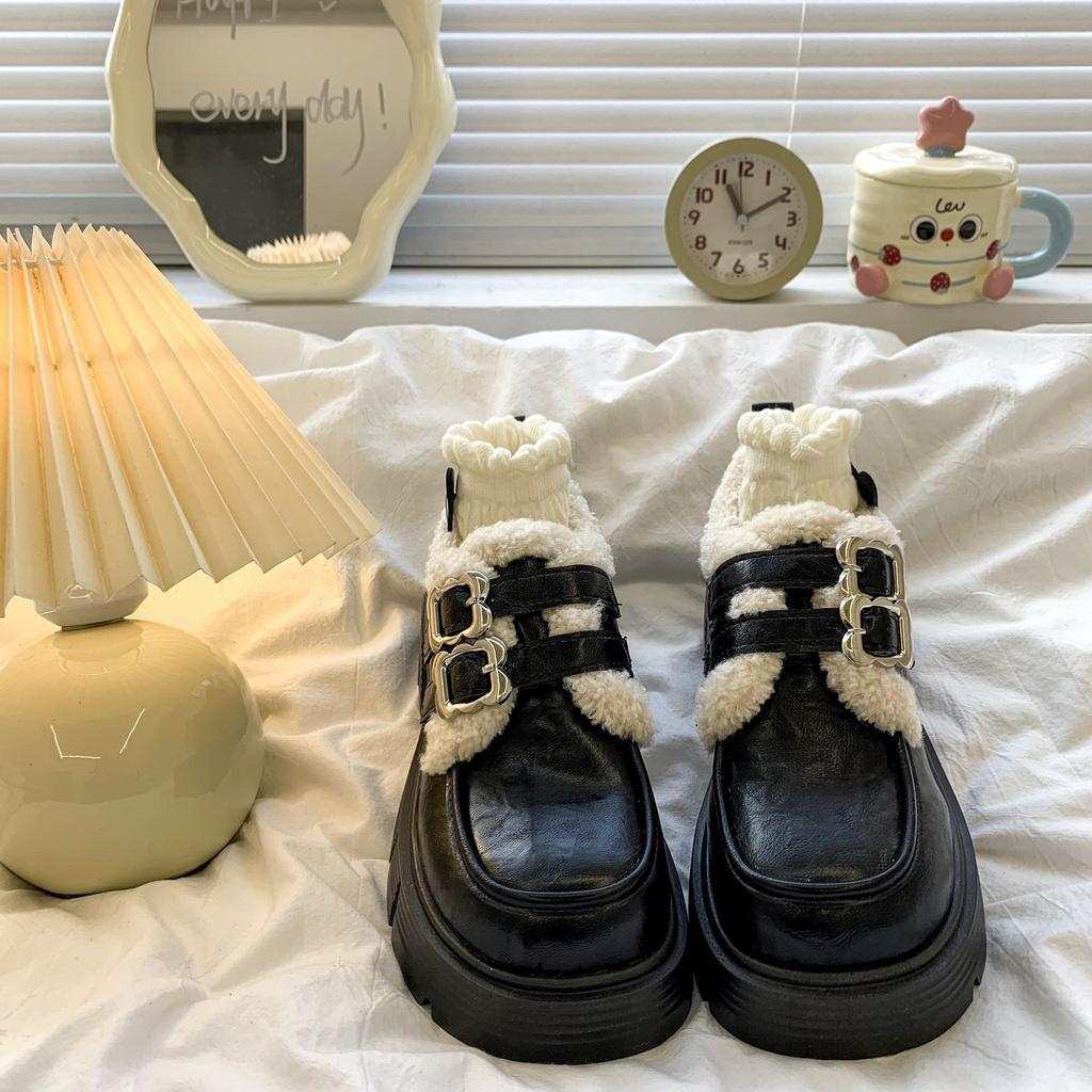 Ladies Thick Bottom Winter Fur One Warm Anti Cold Padded Snow Boots Non-slip Wear Casual Sports Cotton Boots Mary Jane Leather Shoes Loafers Shoes