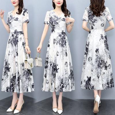 Summer New Spring and Summer Short-sleeved Floral Dress Women's Waist and Thin Skirt