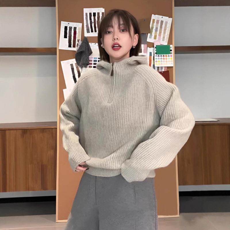Hooded half-zipper sweater women's new winter lazy high-end retro knitted jacket long-sleeved top