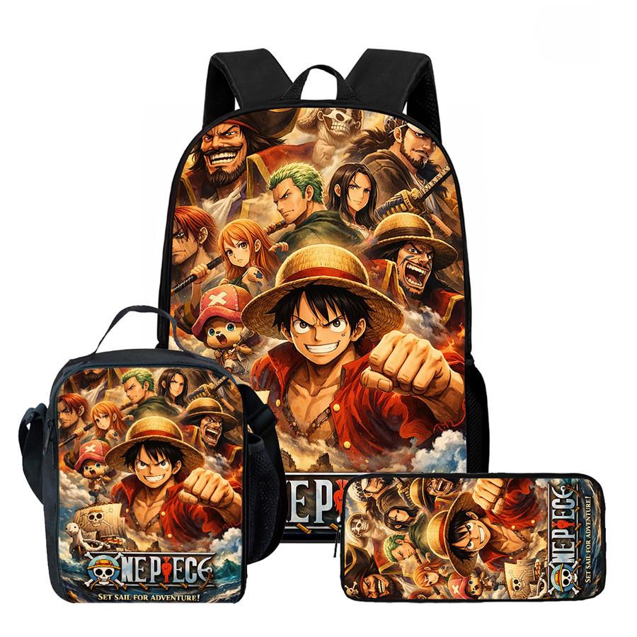 One Piece Anime Backpack 3Pcs Set Cartoon School Backpack Crossbody Bag Pencil Case Student Schoolbag Travel Backpack Gift