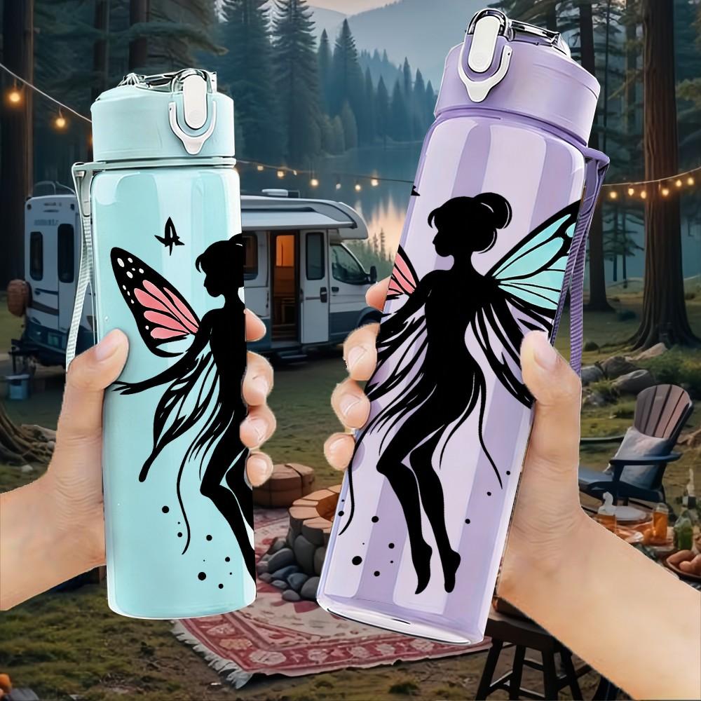1PC Colorful Butterfly Fairy Wing Pattern 750ml Color Plastic Sports Water Bottle Leakproof Flip Straw Lid Suitable for Sports Office Home Use