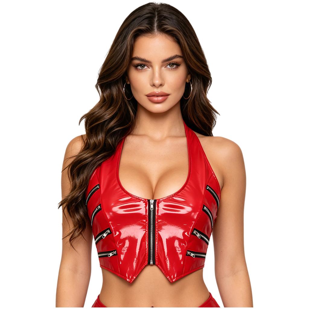 Ladies Y2k Glossy PU Mini Corset Top Halter Neck V Cut Front Zip Back Lace Up Sleeveless Crop Vest for Nightclub Party