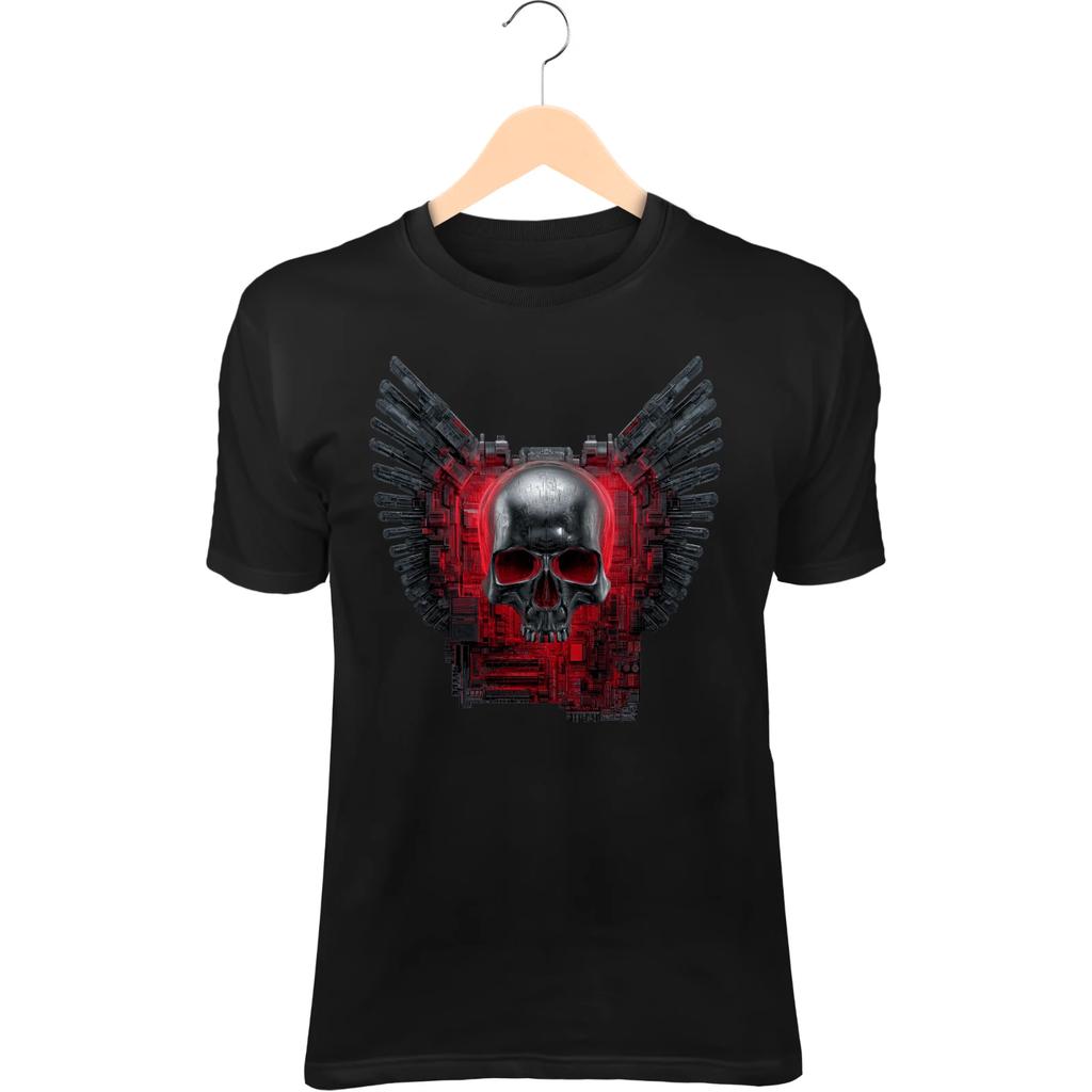 Cyber Skull Warrior T-Shirt – Chrome Face, Digital Wings, Neon Circuits