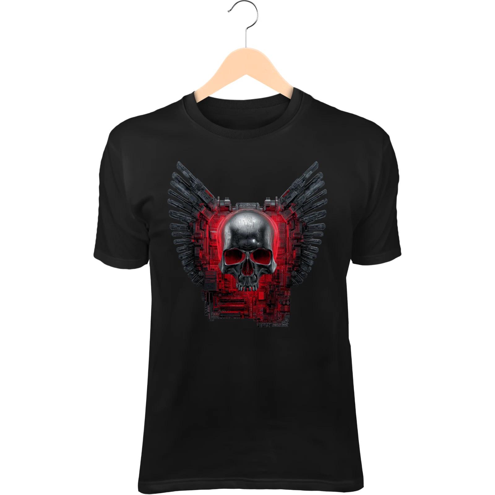 Cyber Skull Warrior T-Shirt – Chrome Face, Digital Wings, Neon Circuits S