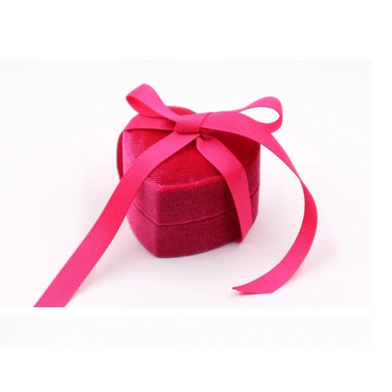 Luxury Valentine's Day Present Heart Shape Custom Pink Green Velvet Ribbon Bow Wedding Jewelry Ring Packaging Box