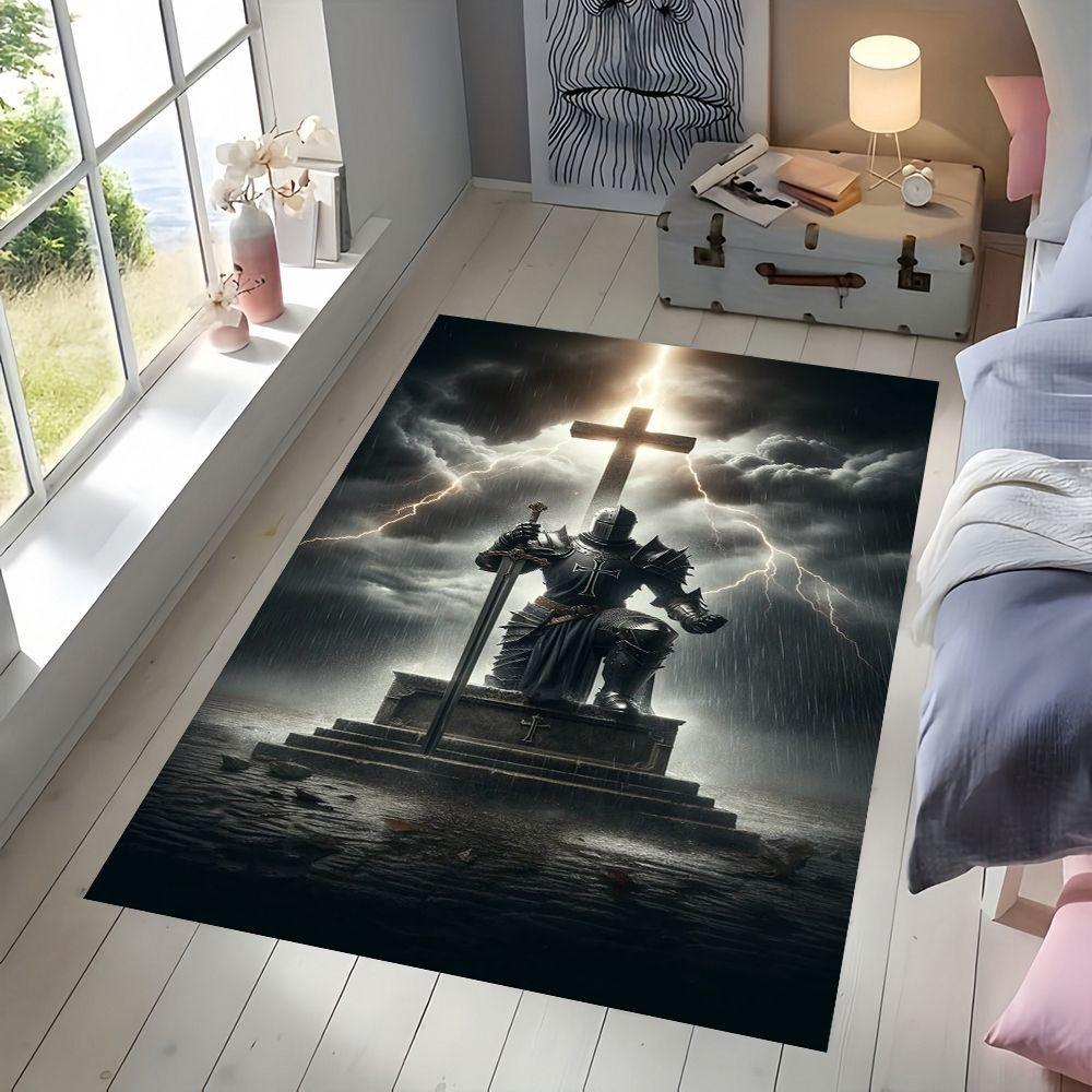 1pc Templar‑Knight‑Cross Print Area Rug, Washable Durable Floor Mat for Entryway, Office, Living Room, Bedroom, Gaming Area