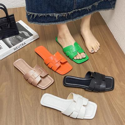 Women's Summer Clip On Low Flat Heel Slippers Casual Square Head Solid Color Outerwear Beach Sandals Shoes 35-43
