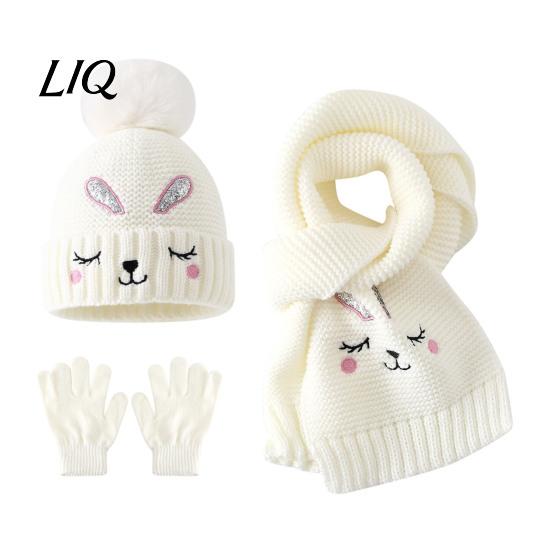 Thermal Winter Accessories for Boys Girls Hat Gloves Scarf Set Kids, Warm Knitted Pompom Hat, Cute Outings Bunny Embroidery, Cozy Ages 2 to 6 Gift