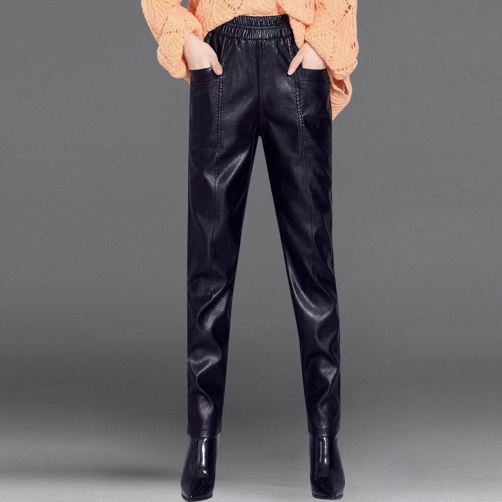 

2022 модные осенне-зимние теплые бархатные свободные брюки-карандаш, уличная одежда, женские повседневные кожаные свободные брюки-харлан с высокой талией, женские брюки-харлан S чёрный