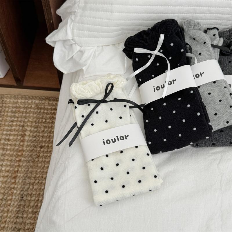 2 Pairs of Retro Polka Dot Sock Covers, Bow Pile Socks, Double-needle Socks, Slimming Leg Covers for Women