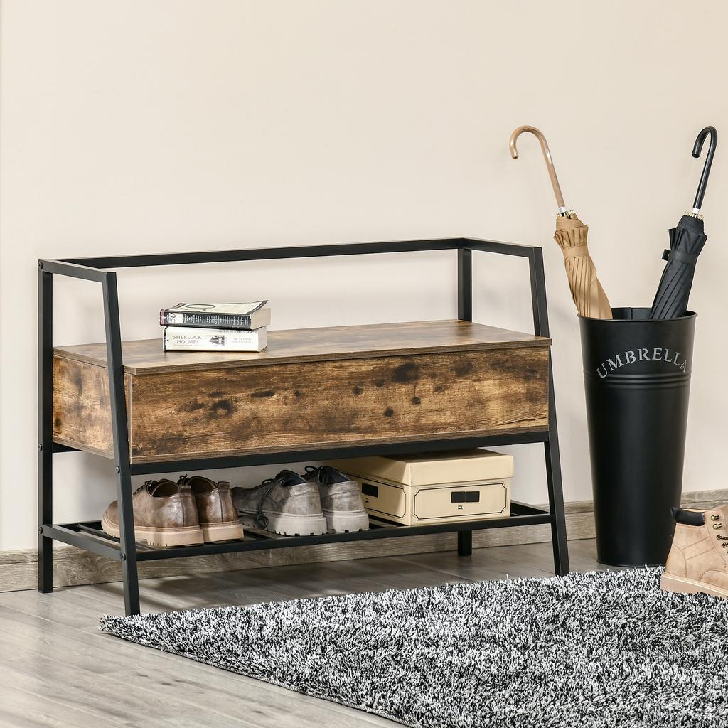 Shoe Cabinet Furniture in Industrial Style with Compartment, Vintage Space-Saving Shoe Bench in Wood and Metal, Rustic Brown, 90x37x60cm