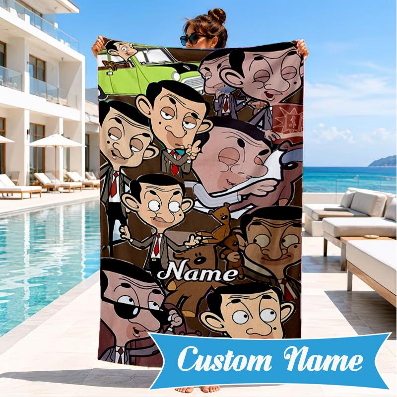 Custom Name Bean's Head Adventure Beach Towel Microfiber Beach Towel, Lightweight and Quick-Dry, for Summer Travel, Swimming Pool Gift