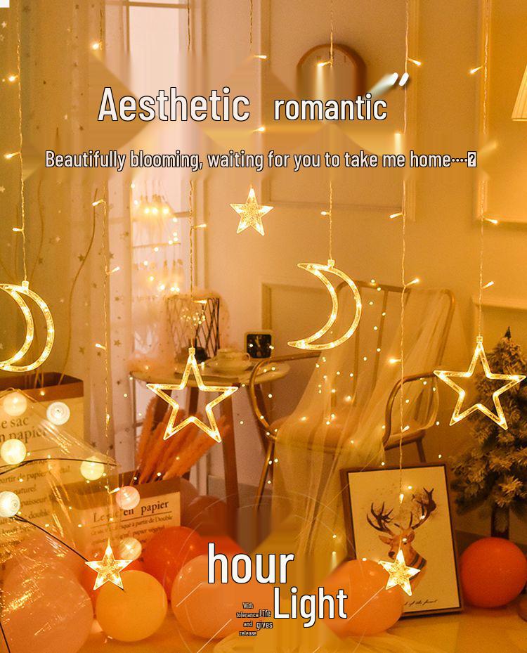 Remote-Control Star & Moon LED Curtain Lights - Colorful Decorative Lights for Christmas & Outdoor Festivities