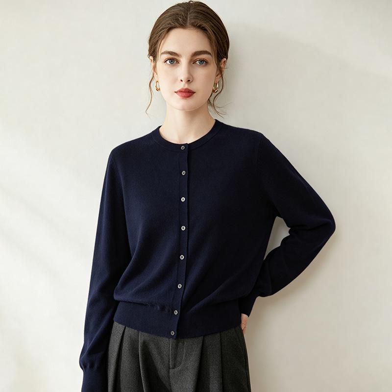 Lekasha Women's 100% Wool Round Neck Long Sleeve Cardigan