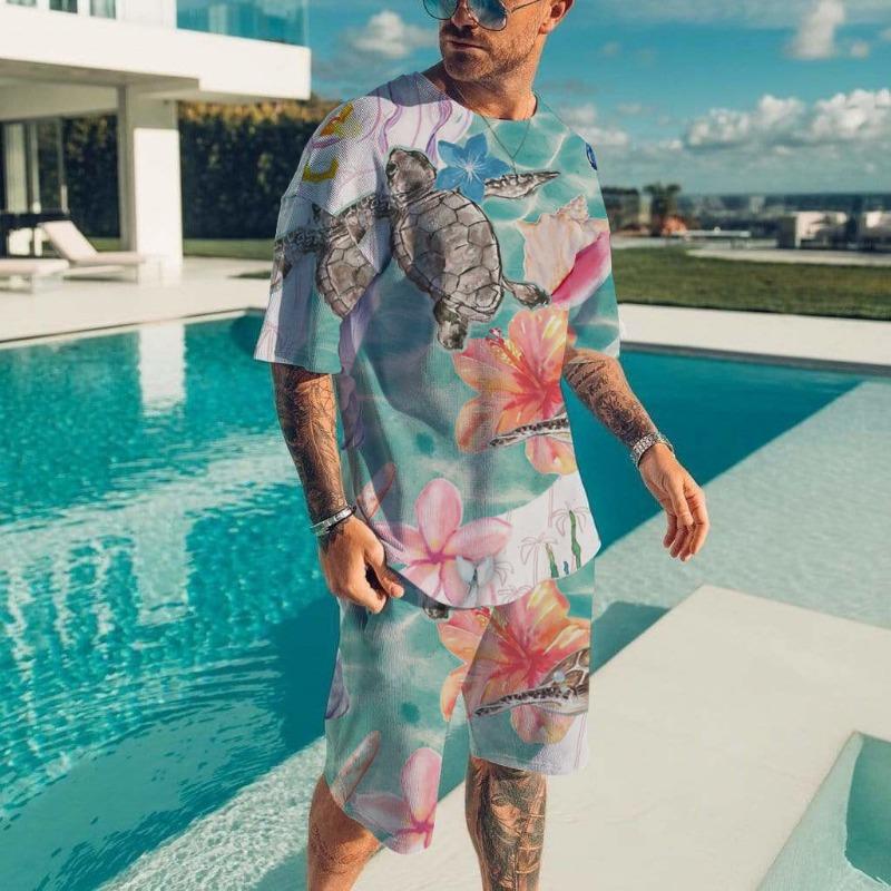 Men's Hawaiian Full Print Suit Casual T-shirt Beach Pants Suit