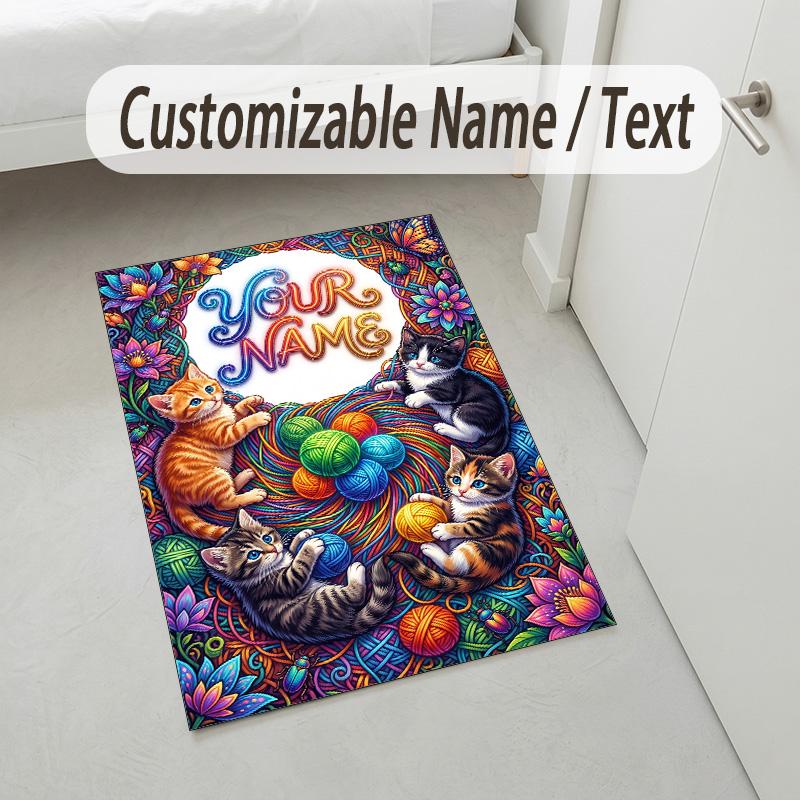 Cat Theme Crystal Velvet Rug Personalized Custom Name Text Soft Floor Mat Home Decor