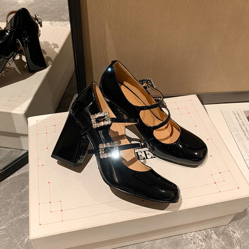 Sheepskin Version 2025 New Su Yinyin Same Square Head Leather Rhinestone Buckle with Thick Heel Mary Jane Single Shoes Women's Wedding Shoes