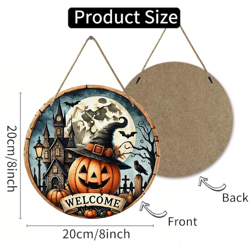 Spooky Halloween welcome sign, Round Wooden Hanging Plaque, vintage pumpkin castle wall decor, rustic autumn indoor outdoor holiday decoration