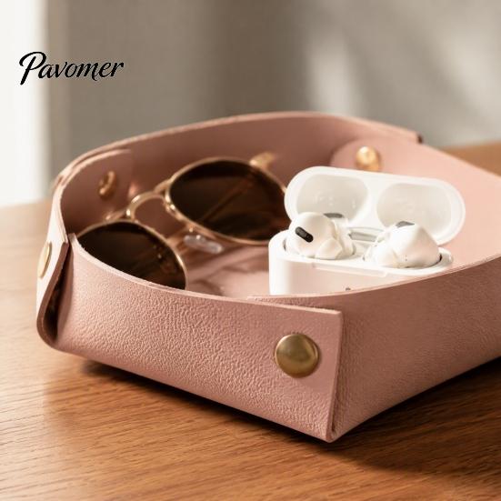 Dresser Top Organizer PU Leather Folding Storage Tray, Waterproof Portable Jewelry Dish, Luxury Nightstand Accessory Retro Rivet Desktop Tray