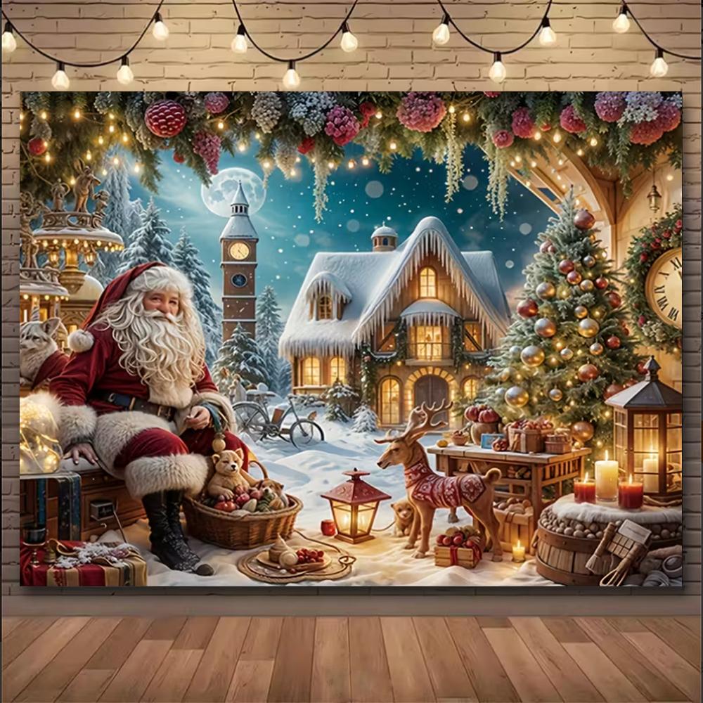 Christmas Winter Background Vintage fireplace Party Decoration Children's Photo Studio Supplies Xmas Tree Lanterns Snowy Scenery