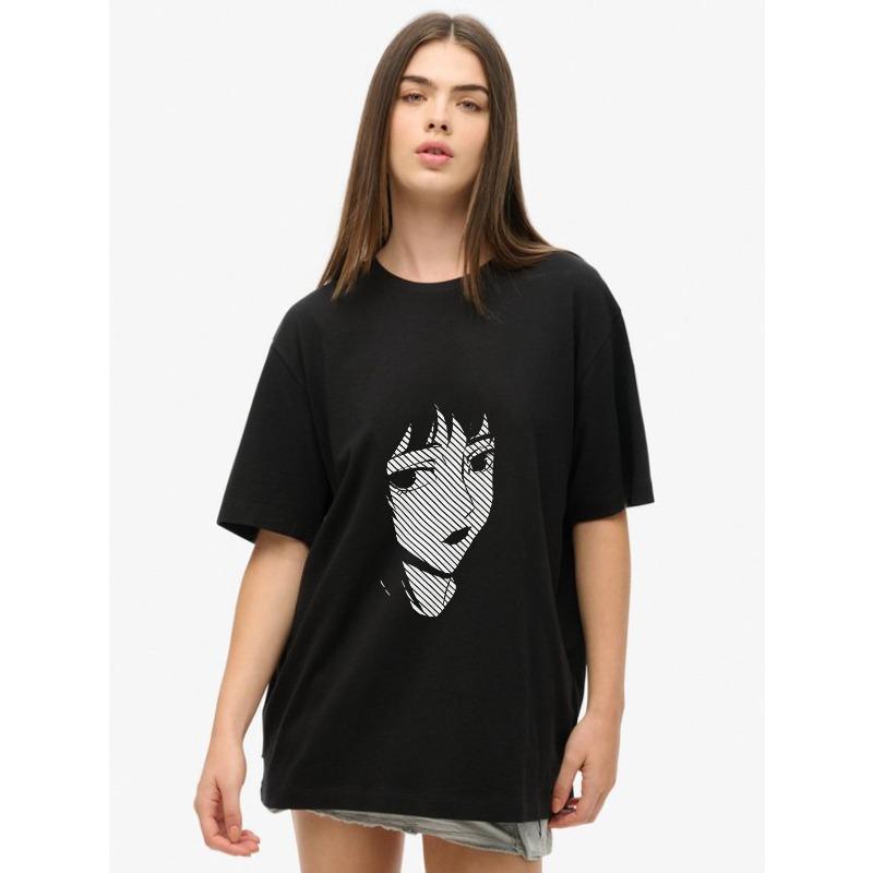 

Футболка оверсайз черная в полоску с графическим принтом лица, повседневный уличный топ для женщин XXXXL чёрный