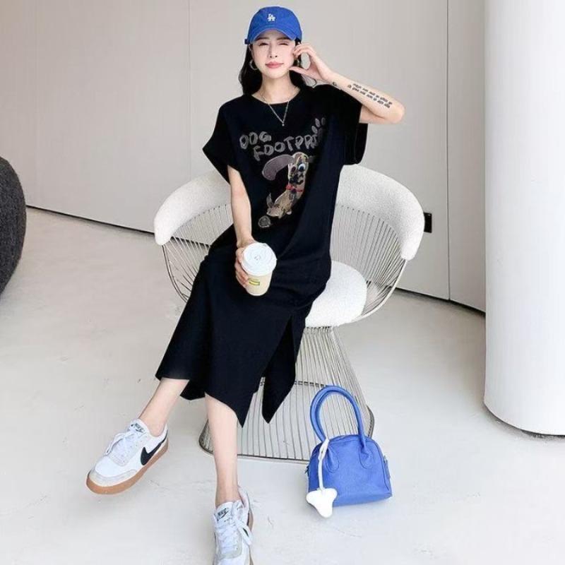 

Cartoon Dog Print Short-sleeved Loose-fitting Slimming and Lazy Style Slit Female Dress 4XL чорний