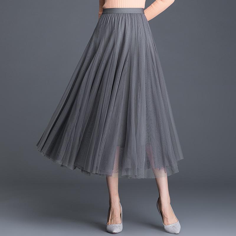 Women's High-Waist Mid-Length Pleated Mesh Skirt