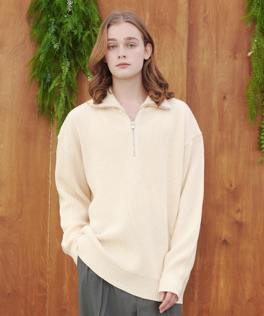 BLOND9 Half Zip Rib Knit Top_Ivory