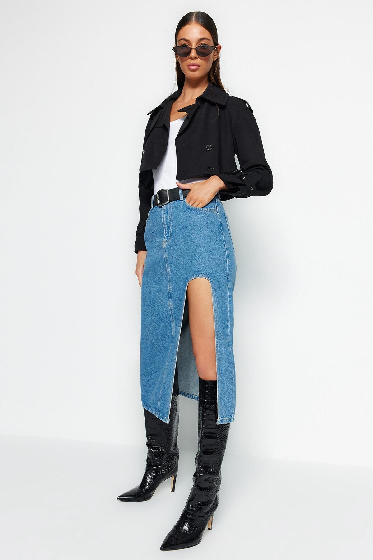 

Women s Fashion New Skirt Blue Slit Midi Denim Skirt 2XS синій