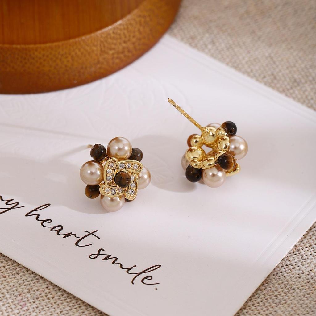 Silbernadel Perle & Tigerauge Blumenohrstecker | Retro High-End Luxus Ohrstecker