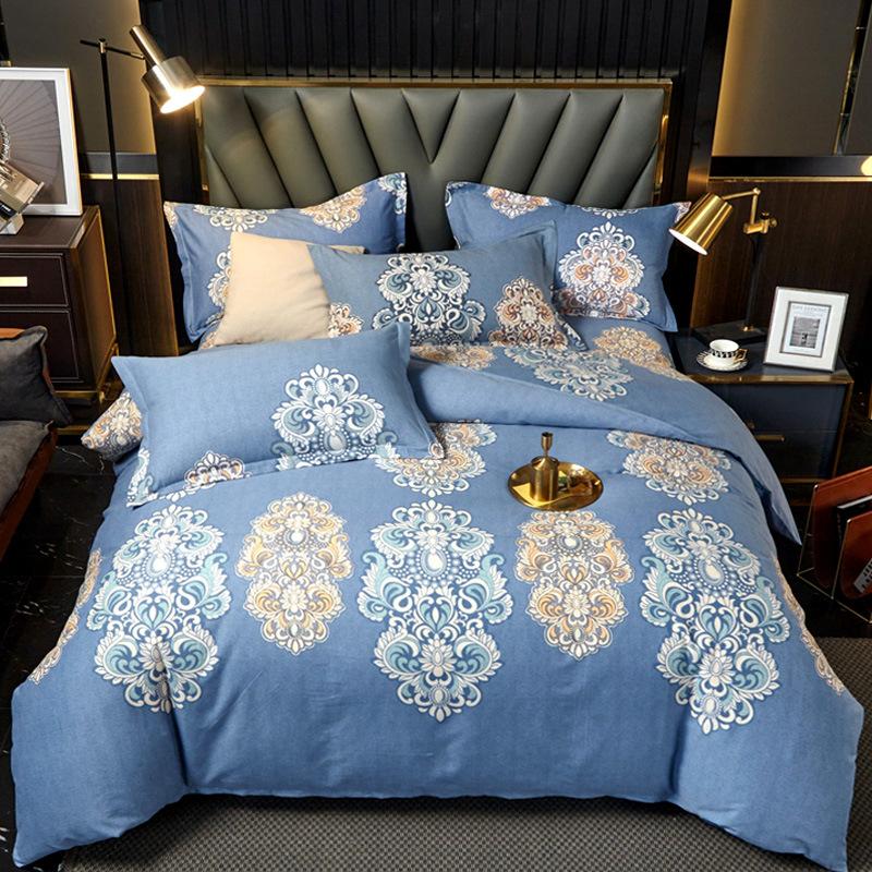 Set din patru piese din bumbac îngroșat și abradat, husă de pilota cu imprimeu, din bumbac pur, de lux, ușoară, cu abraziune, set de cearșaf de pat 4 piese