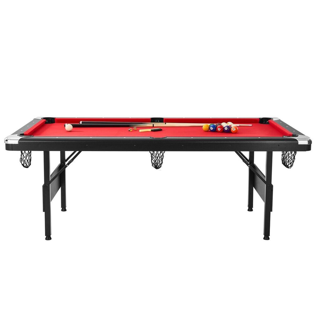 Billiards Table, 7 ft Pool Table, Portable Foldable Space-Saving Table, Billiard Table Set Includes Balls, Cues, Chalks and Brush, Black with Red