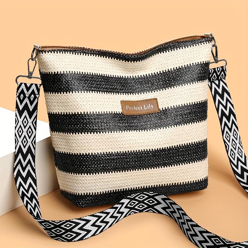 

Женская богемная плетеная сумка-тоут из соломы, легкая, вместительная, через плечо, для отпуска, пляжная сумка-шоппер, стильный полосатый узор чёрный
