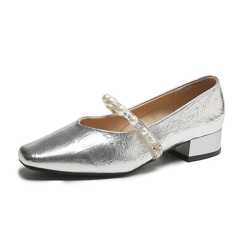 Popular French pearl Mary Jane shoes 2025 spring new fairy with skirt soft sole square head light mouth thick heel single shoes