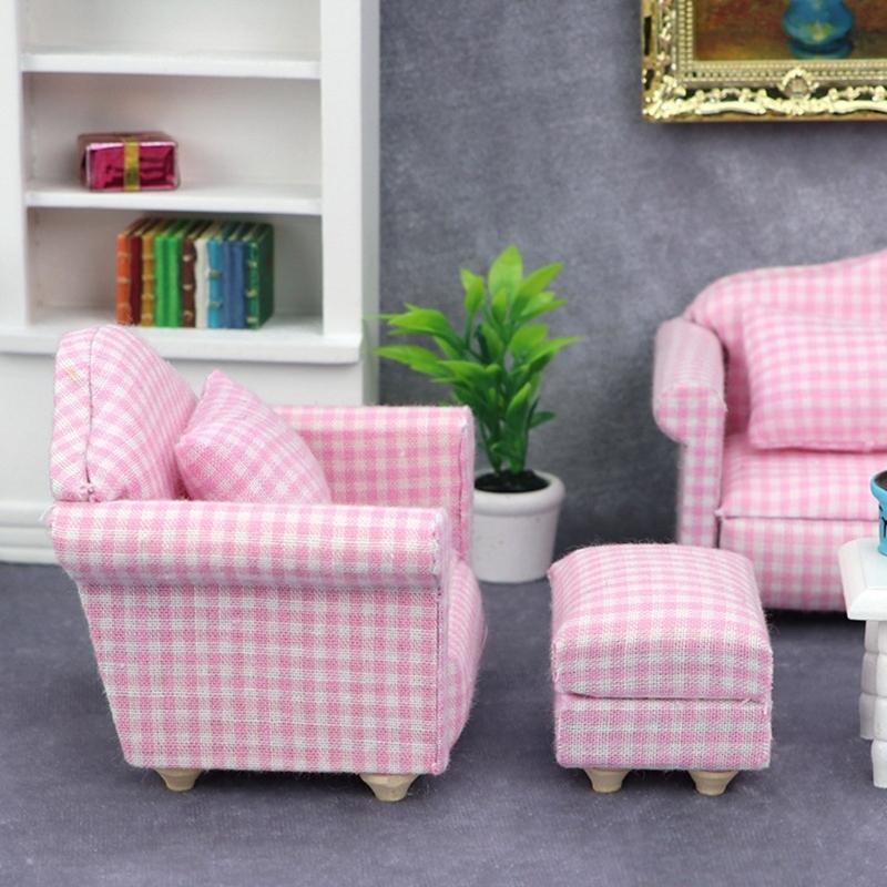 Soft Fabric Miniature Sofa Set With Cushions For 1/12 Doll House Accessories Living Room Scene Display Decoration