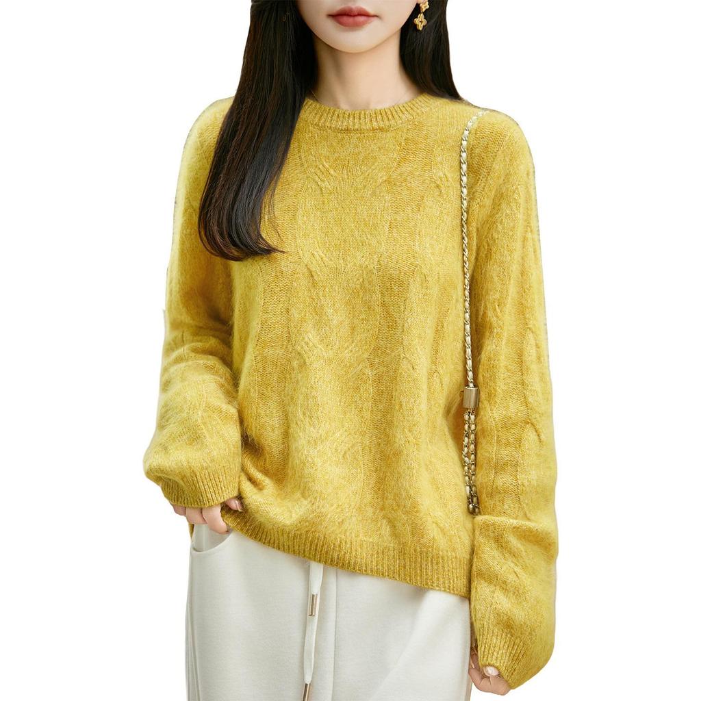 2026 Autumn/Winter Women's Cashmere Wool Marled Knit Loose Sweater, Round Neck, Long Sleeve
