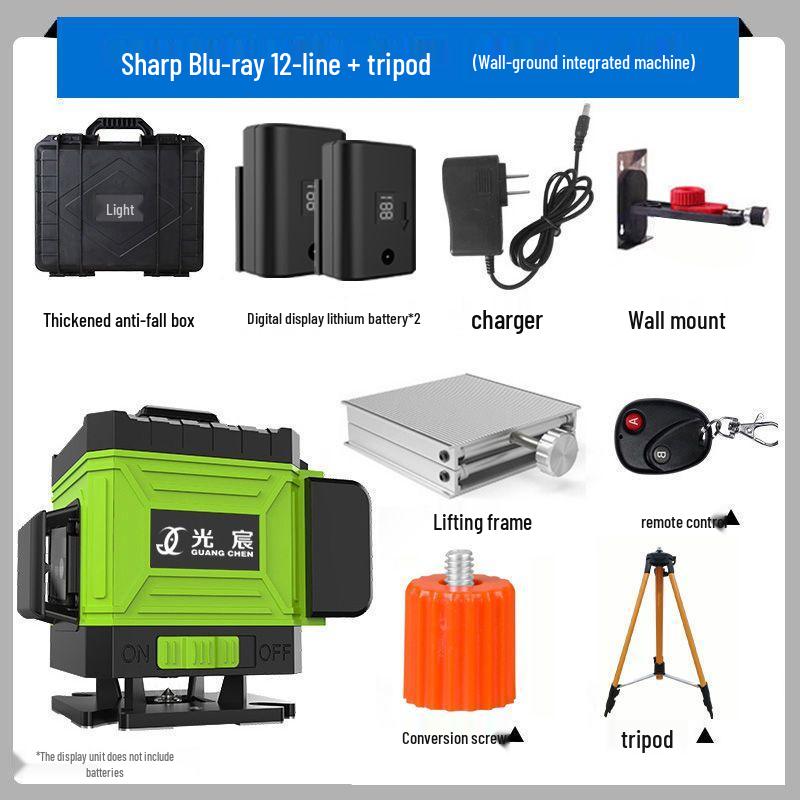 High Precision 12/16 Line Green Light Infrared Laser Level for Walls and Floors with Automatic Leveling