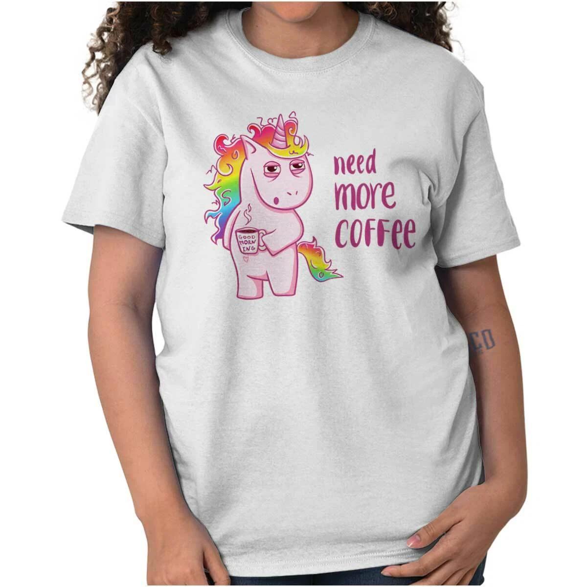 Funny Tired Unicorn Need More Coffee Joke Womens Graphic Crewneck T Shirt Tee S
