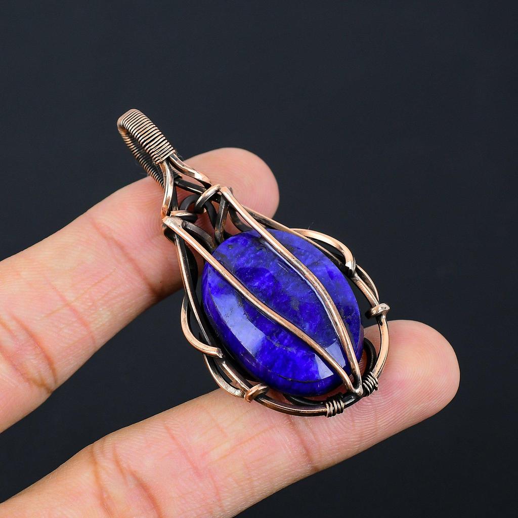 Lab-Created Blue Sapphire Gemstone Handmade Pure Copper Wire Wrapped Pendant Jewelry For Memorial Day