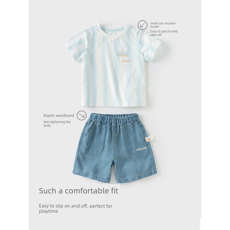 David Bella Kidsren's Lyocell Five-Quarter Pants Suit 2026 Summer New Style Baby Boy Thin T-Shirt Jeans