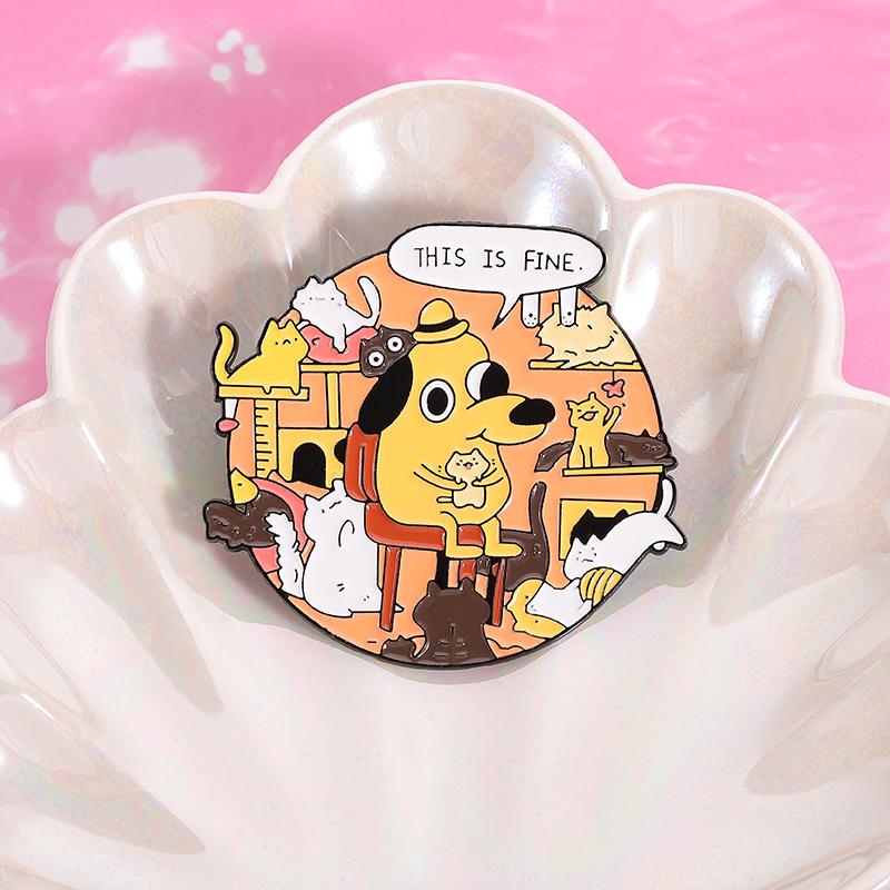 Xiaomi It's Actually Fine Enamel Pins THIS IS FINE Humor Chaos Cat And Dog Animal Brooch Backpack Lapel Hat Badge Fashion Jewelry Gifts