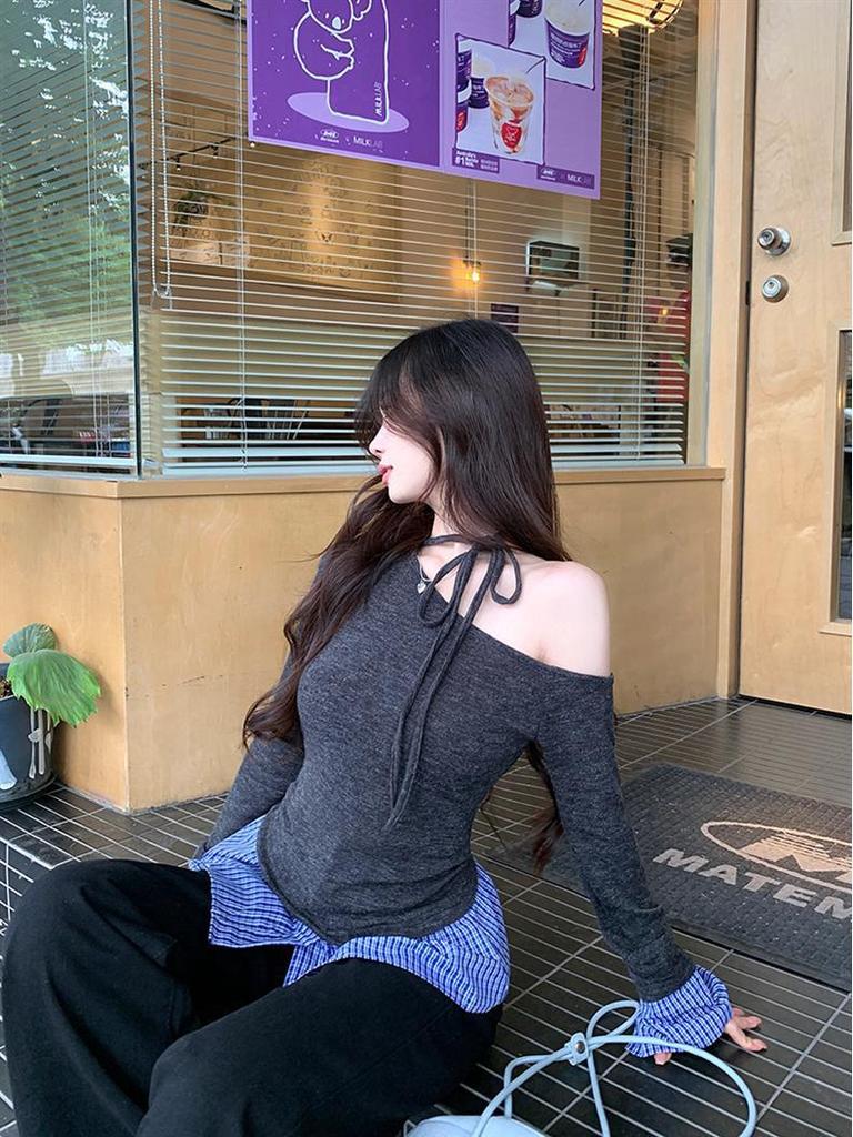 Knitted Off-Shoulder Halter Neck Women's Top - Korean Style Short Sleeve for Autumn/Winter