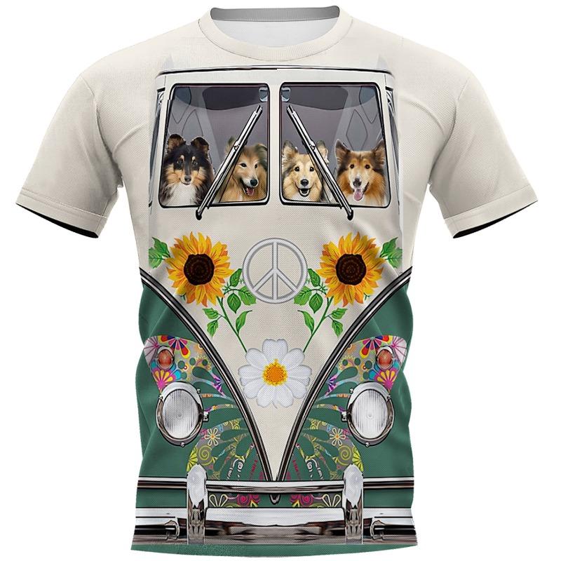T-shirt da uomo stampata in 3D con stampa di cane animale domestico hippie a maniche corte con scollo rotondo pullover top casual