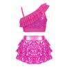 Roupa de performance de dança para meninas, alças assimétricas, top curto de lantejoulas com babados, shorts de balé, roupa de dança