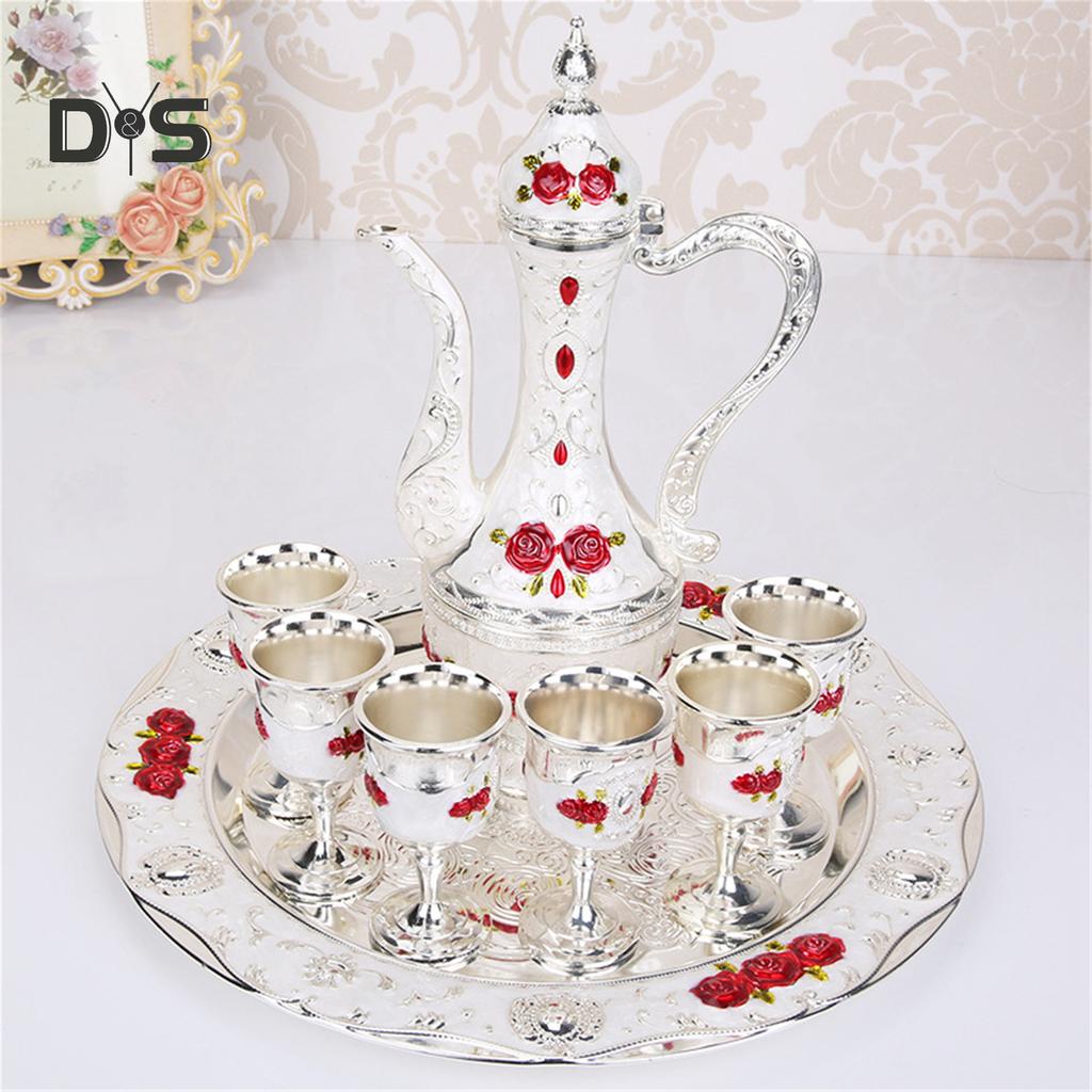 SW 8 Teile/satz Retro Zink-legierung Wein Tasse Wasserkocher Tablett Kit Hause Hochzeit Decor Container