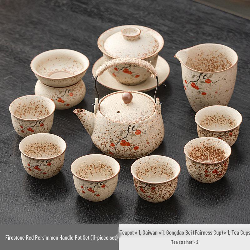 High-End Flint Red Gongfu Tea Set with Ceramic Kettle, Teacups, and Teaplatters