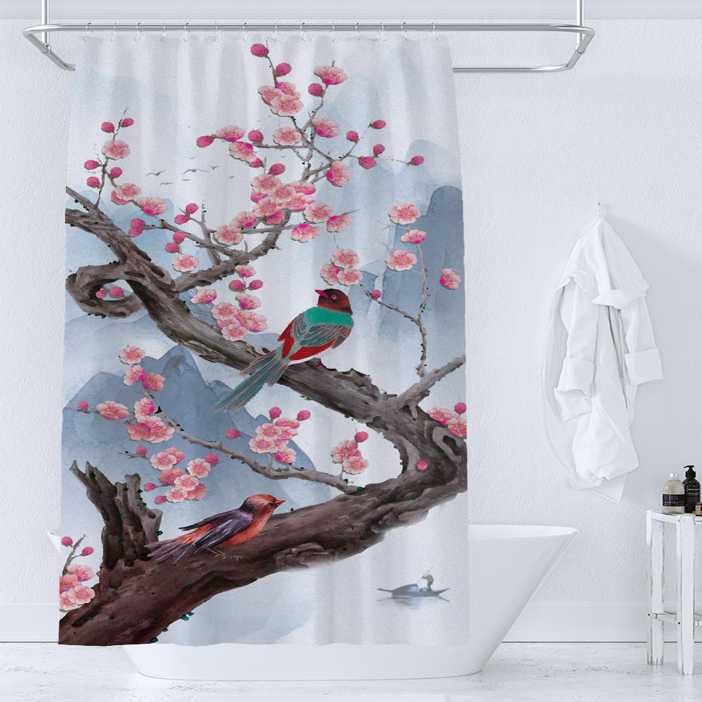 Watercolor Floral and Birds Floral Shower Curtain with Hooks - Waterproof and Minimalist Design for Bathroom Home Decor Curtain