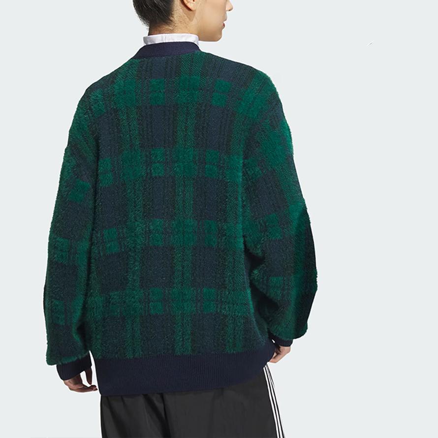 Adidas Originals Cardigan Spo Knit Casual Comfortable Loose V-Neck Plaid Pattern Sweater Unisex Tops Forest-Green JC6845