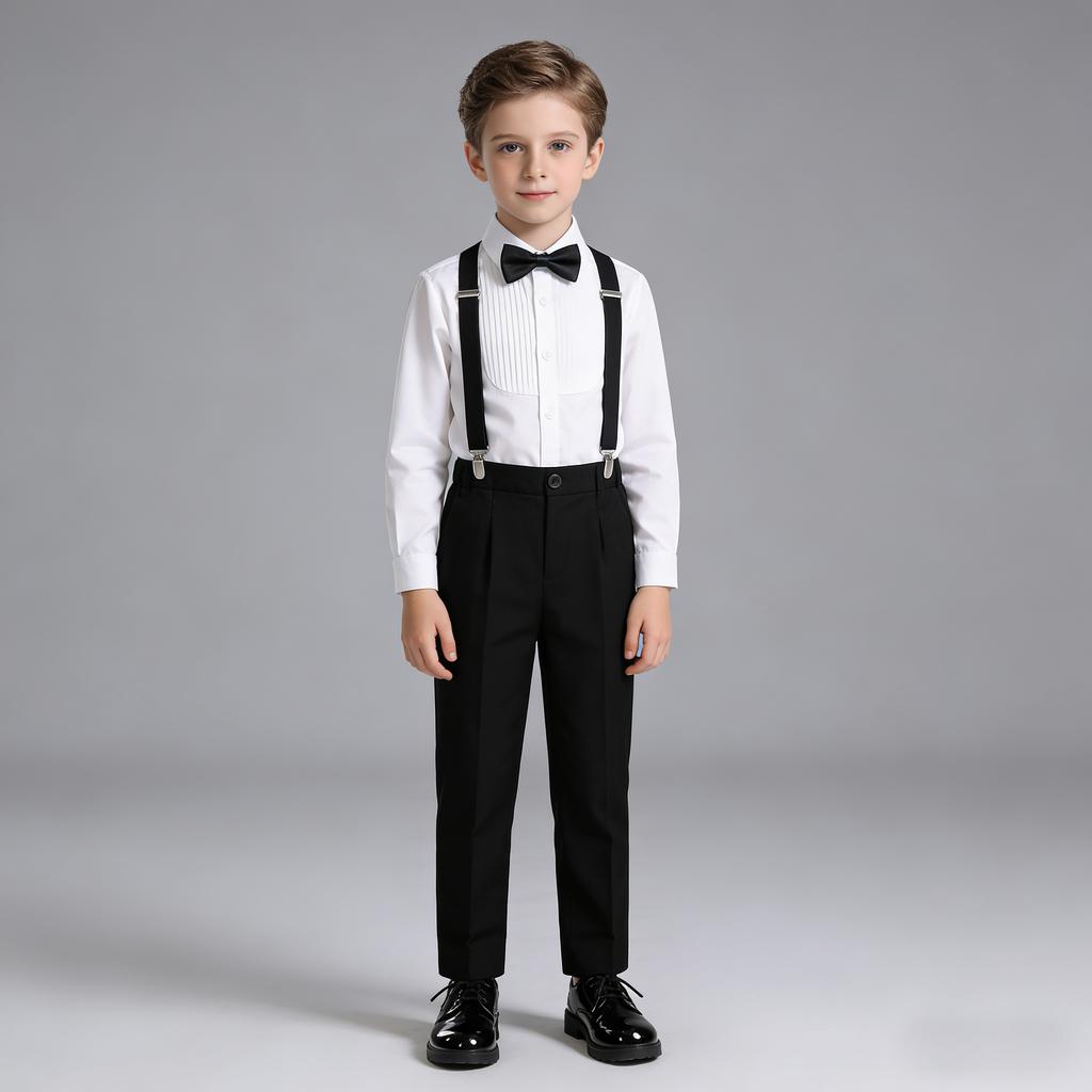 School Boys Suspender Trousers Formal Suit Shirt Bow Tie Kids Wedding Ring Bearer Piano Recital Birthday Photoshoot Gentleman Outfit for Boys 3-12Y